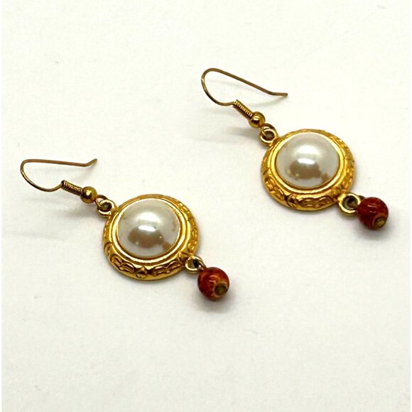 Liz Claiborne Vintage Gold-Toned Faux Pearl with Bead Dangle Earrings For Women - Picture 5 of 9